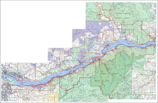 Recreation map of the Western Area of Columbia River Gorge National Scenic Area (NSA). Published by the U.S. Forest Service (USFS).