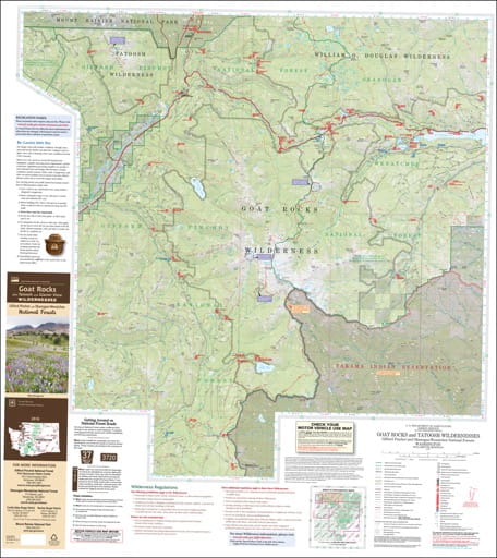 Visitor map of Goat Rocks Wilderness, Tatoosh Wilderness, Glacier View Wilderness in Gifford Pinchot National Forest (NF) and Okanogan-Wenatchee National Forest (NF). Published by the U.S. Forest Service (USFS).