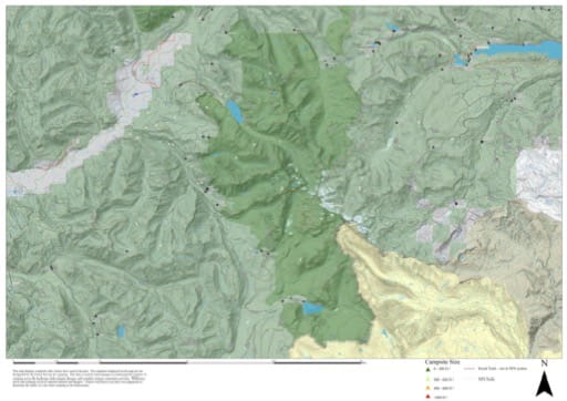 Map of capsites and social trails used in the past in the Walupt Lake area in Gifford Pinchot National Forest (NF)in Washington. Published by the U.S. Forest Service (USFS).