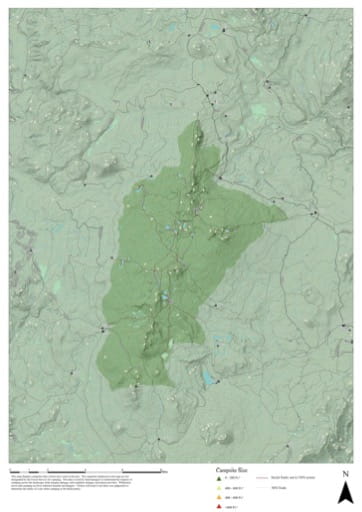 Map of capsites and social trails used in the past in the East Crater area in Gifford Pinchot National Forest (NF)in Washington. Published by the U.S. Forest Service (USFS).