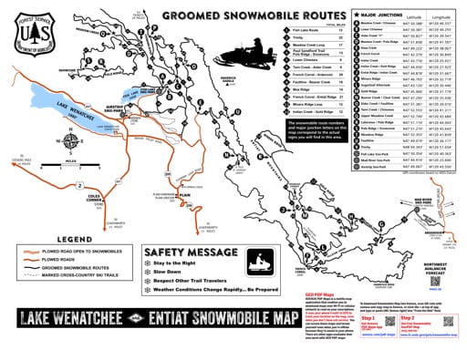 Map of Lake Wenatchee and Entiat Snowmobile Trails in Okanogan-Wenatchee National Forest (NF) in Washington. Published by the U.S. Forest Service (USFS).