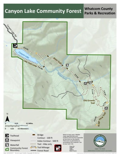 Map of Canyon Lake Community Forest trails. Published by Whatcom County Parks & Recreation