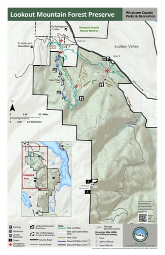 Map of Lookout Mountain Forest Preserve trails. Published by Whatcom County Parks & Recreation