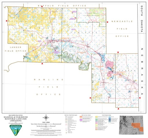 Map of Seasonal and Year-Round BLM Public Land User Limitations in the BLM Casper Field Office area in Wyoming. Published by the Bureau of Land Management (BLM).