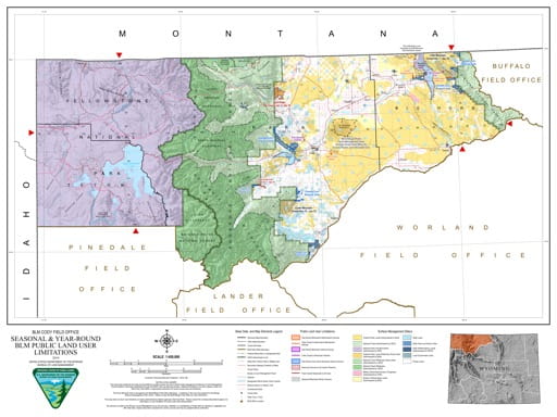 Map of Seasonal and Year-Round BLM Public Land User Limitations in the BLM Cody Field Office area in Wyoming. Published by the Bureau of Land Management (BLM).