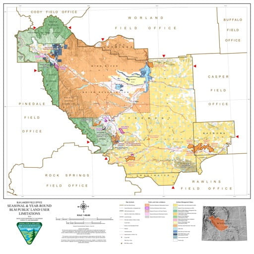 Map of Seasonal and Year-Round BLM Public Land User Limitations in the BLM Lander Field Office area in Wyoming. Published by the Bureau of Land Management (BLM).