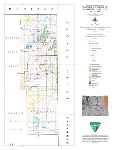 Map of Seasonal and Year-Round BLM Public Land User Limitations in the BLM Newcastle Field Office area in Wyoming. Published by the Bureau of Land Management (BLM).