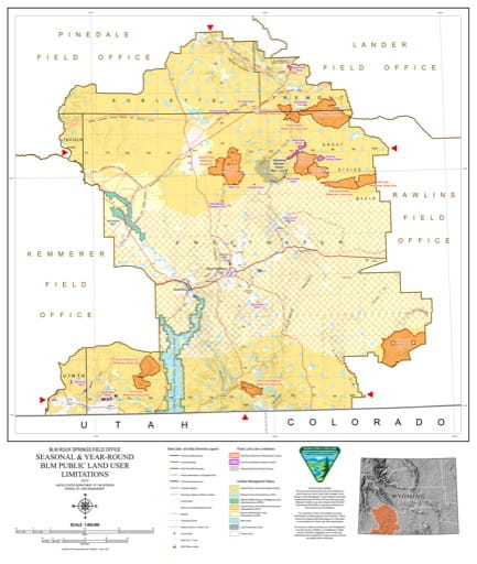 Map of Seasonal and Year-Round BLM Public Land User Limitations in the BLM Rock Springs Field Office area in Wyoming. Published by the Bureau of Land Management (BLM).