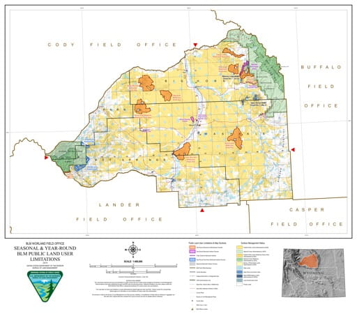 Map of Seasonal and Year-Round BLM Public Land User Limitations in the BLM Worland Field Office area in Wyoming. Published by the Bureau of Land Management (BLM).