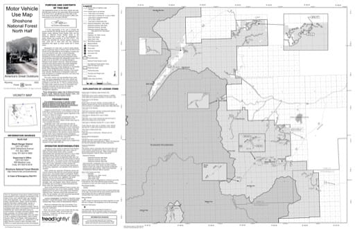 Motor Vehicle Use Map (MVUM) of the North Zone (side 1) of Shoshone National Forest (NF) in Wyoming. Published by the U.S. Forest Service (USFS).