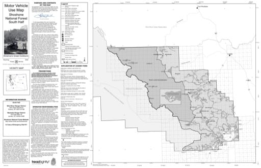 Motor Vehicle Use Map (MVUM) of the South Zone (side 1) of Shoshone National Forest (NF) in Wyoming. Published by the U.S. Forest Service (USFS).