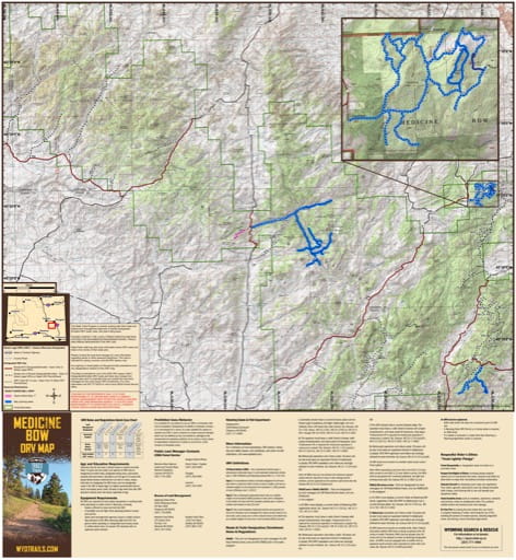 Map of Laramie Range Off-Road Vehicle Trails (ORV) in Medicine Bow-Routt National Forest (NF) in Wyoming. Published by Wyoming State Parks, Historic Sites, & Trails (WYSP).