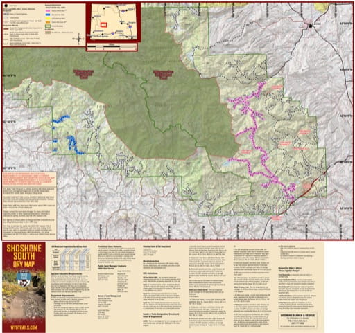 Map of Shoshone South Lander area Off-Road Vehicle Trails (ORV) in Wyoming. Published by Wyoming State Parks, Historic Sites, & Trails (WYSP).