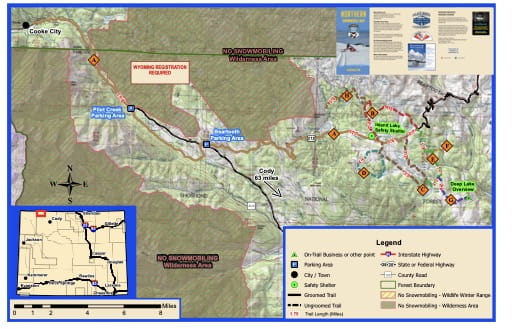 Map of Snowmobile Trails in Beartooth Mountains in northwest Wyoming. Published by Wyoming State Parks, Historic Sites, & Trails (WYSP).