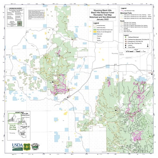 Motorized and Non-Motorized Recreation Trail Map of Bearlodge in Black Hills National Forest (NF) in Wyoming and South Dakota. Published by the U.S. Forest Service (USFS).