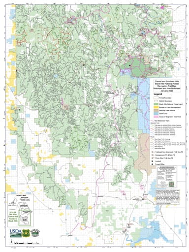 Motorized and Non-Motorized Recreation Trail Map of Central Black Hills in Black Hills National Forest (NF). Published by the U.S. Forest Service (USFS).