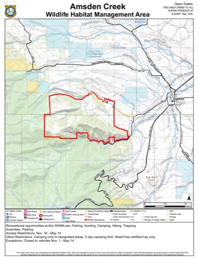 Visitor Map of Amsden Creek Wildlife Habitat Management Area (WHMA) in Wyoming. Published by Wyoming Game & Fish Department (WGFD).