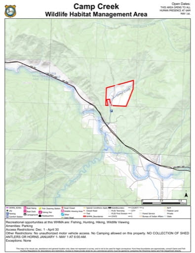 Map of Camp Creek Wildlife Habitat Management Area (WHMA) in Wyoming. Published by Wyoming Game & Fish Department (WGFD).