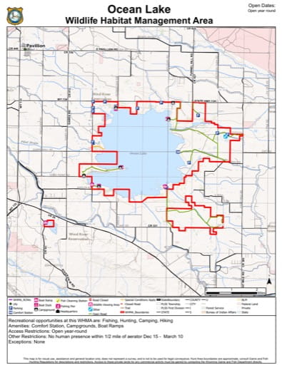Visitor Map of Ocean Lake Wildlife Habitat Management Area (WHMA) in Wyoming. Published by Wyoming Game & Fish Department (WGFD).