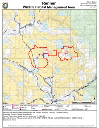 Visitor Map of Renner Wildlife Habitat Management Area (WHMA) in Wyoming. Published by Wyoming Game & Fish Department (WGFD).