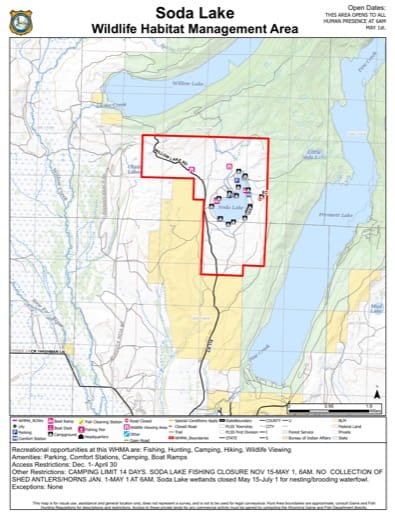 Visitor Map of Soda Lake Wildlife Habitat Management Area (WHMA) in Wyoming. Published by Wyoming Game & Fish Department (WGFD).