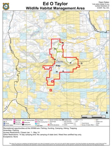 Visitor Map of Ed O. Taylor Wildlife Habitat Management Area (WHMA) in Wyoming. Published by Wyoming Game & Fish Department (WGFD).