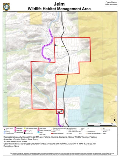 Visitor Map of Jelm Wildlife Habitat Management Area (WHMA) in Wyoming. Published by Wyoming Game & Fish Department (WGFD).