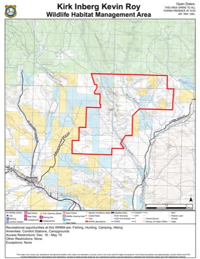 Visitor Map of Kirk Inberg / Kevin Roy Wildlife Habitat Management Area (WHMA) in Wyoming. Published by Wyoming Game & Fish Department (WGFD).