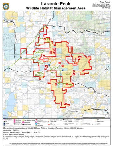 Visitor Map of Laramie Peak Wildlife Habitat Management Area (WHMA) in Wyoming. Published by Wyoming Game & Fish Department (WGFD).