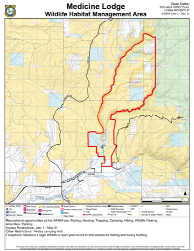 Visitor Map of Medicine Lodge Wildlife Habitat Management Area (WHMA) in Wyoming. Published by Wyoming Game & Fish Department (WGFD).