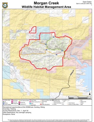Visitor Map of Morgan Creek Wildlife Habitat Management Area (WHMA) in Wyoming. Published by Wyoming Game & Fish Department (WGFD).