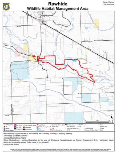 Visitor Map of Rawhide Wildlife Habitat Management Area (WHMA) in Wyoming. Published by Wyoming Game & Fish Department (WGFD).