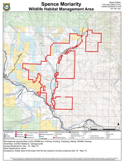 Visitor Map of Spence and Moriarity Wildlife Habitat Management Area (WHMA) in Wyoming. Published by Wyoming Game & Fish Department (WGFD).