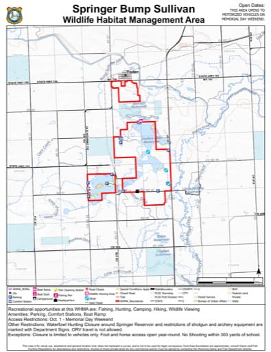Visitor Map of Springer / Bump Sullivan Wildlife Habitat Management Area (WHMA) in Wyoming. Published by Wyoming Game & Fish Department (WGFD).