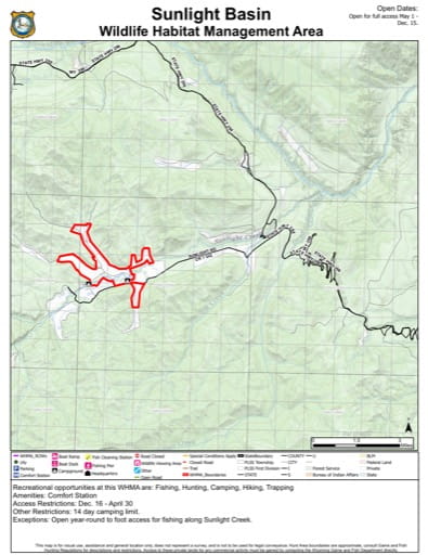 Visitor Map of Sunlight Basin Wildlife Habitat Management Area (WHMA) in Wyoming. Published by Wyoming Game & Fish Department (WGFD).