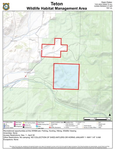 Visitor Map of Teton Wildlife Habitat Management Area (WHMA) in Wyoming. Published by Wyoming Game & Fish Department (WGFD).