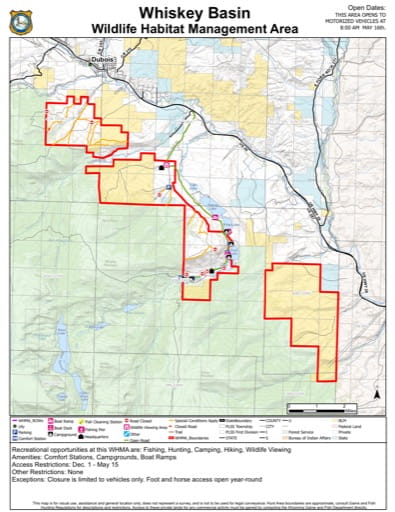 Visitor Map of Whiskey Basin Wildlife Habitat Management Area (WHMA) in Wyoming. Published by Wyoming Game & Fish Department (WGFD).