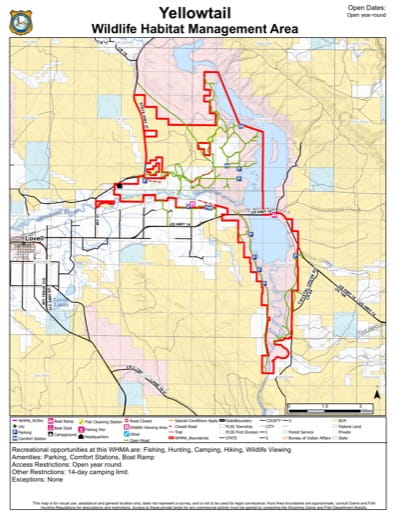 Visitor Map of Yellowtail Wildlife Habitat Management Area (WHMA) in Wyoming. Published by Wyoming Game & Fish Department (WGFD).